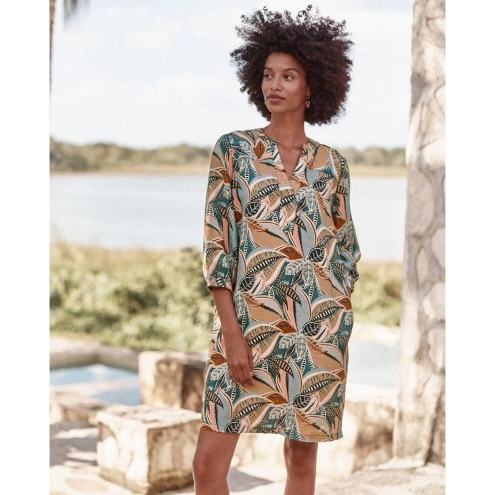 GARNET HILL 100% Linen Tropical Leaf Print Tunic Dress Womens XL Coastal Grandma
